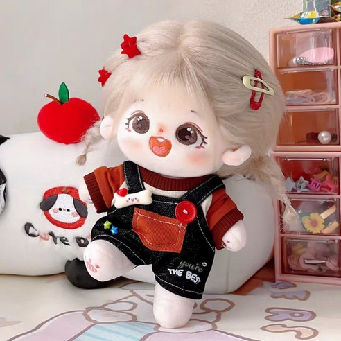 모카돌 20cm 솜인형옷 하트 멜빵 맨투맨, 레드, 1개