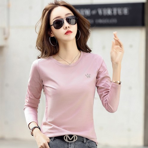 NEW 여성 가을 티셔츠 라운드 긴팔티 자수 크라운 톱 긴팔티티 여자 긴팔티 티셔츠