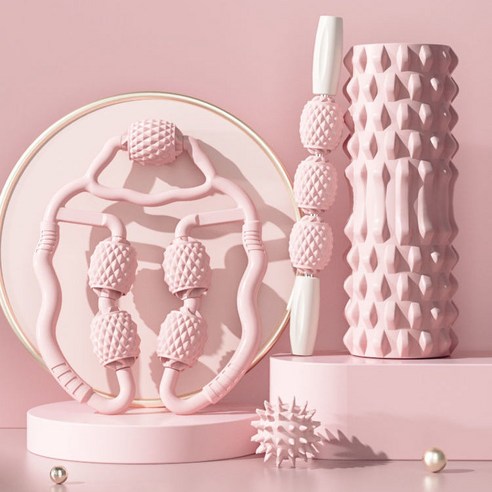 Picky Virgo 요가 칼럼 다리 마사지 롤러+폼롤러45cm+마사지봉+ 마사지 볼 세트, 핑크색