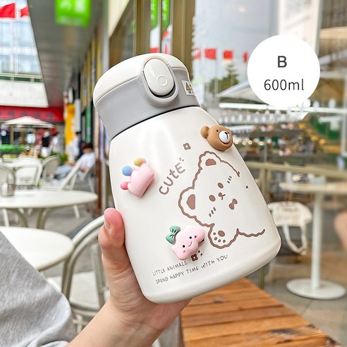[LM] 600ml 곰 스티커 물병 스테인리스 보온병 짚 진공 절연 휴대용 Leakproof 텀블러 컵 선물, {"크기":"600ml"}, B with sticker
