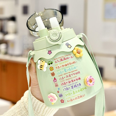 [LM] Kawaii 점보 파스텔 스티커 보온병 스테인레스 스틸 보온병 타임 마커 선물, 800ml, Green D