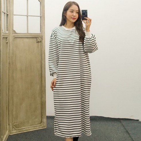 시보리 긴팔 스트라이프 단가라 홈웨어 롱원피스 봄가을