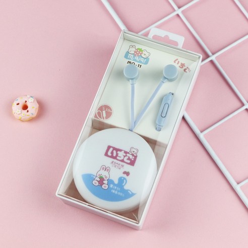 만화 수납함 이어폰 귀에 꽂히는 선 제어대 마이크 유선 학생 귀엽다 만화 이어폰, 청색