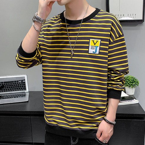 VIISHOW 남자 기모 크루넥 스트라이프 맨투맨