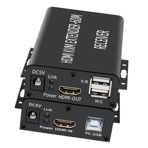 HDMI KVM 연장기 60M 송신기 수신기 플러그 유형 EU, 130x100x27mm, 검은 색, 플라스틱