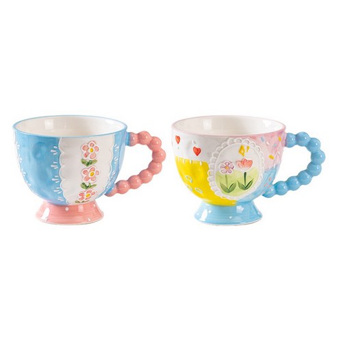 Wendini 큐트 브렉퍼스트 머그컵 450ml 2개입, 1개, 핑크 손잡이 + 블루 손잡이