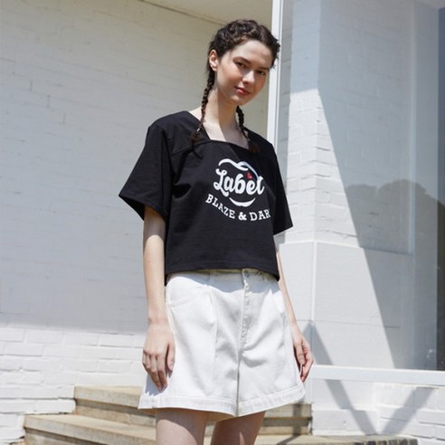 에고이스트 EP2OTH14 [BLUE LABEL] 레터링 그래픽 스퀘어넥 박시 크롭 티셔츠