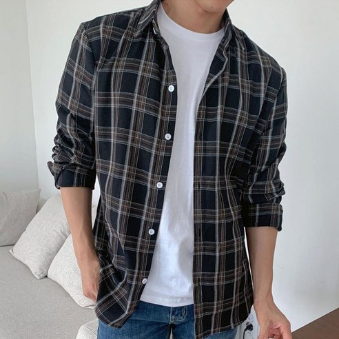 블랑샵 남자 오버핏 체크남방 루즈핏 긴팔 셔츠