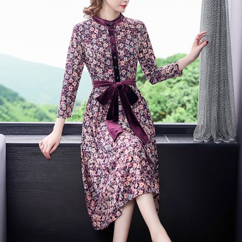 리얼 샷 가을 겨울 새로운 우아한 꽃 드레스 여성 벨벳 스티치 니트 대형 스윙 드레스