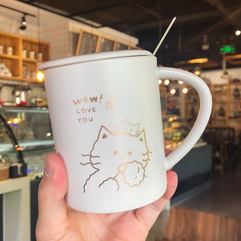 한일 간략 묘금 동물 도자기 컵 벨트 뚜껑 사무실 커피 타다 머그컵 물컵, WOW 고양이, 350ml