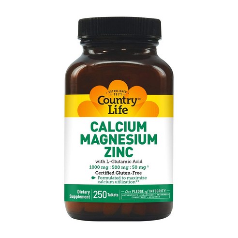 Country Life Vitamins 칼슘 1000 mg 마그네슘 500 mg 아연 50 mg with L-글루타민산 100 mg 타블렛, 250정, 1개