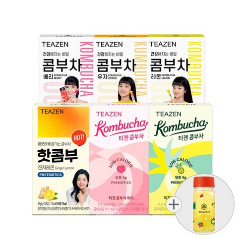 티젠 콤부차 & 핫콤부 6가지맛 혼합 60스틱 + 한정판 보틀, 없음, 1개, 60개, 50g