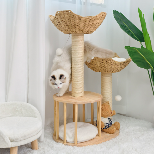 BingoPaw 고양이 구름 캣타워 멀티 원목 캣타워 스크레처 폭신 털쿠션 4단 99cm, 1개