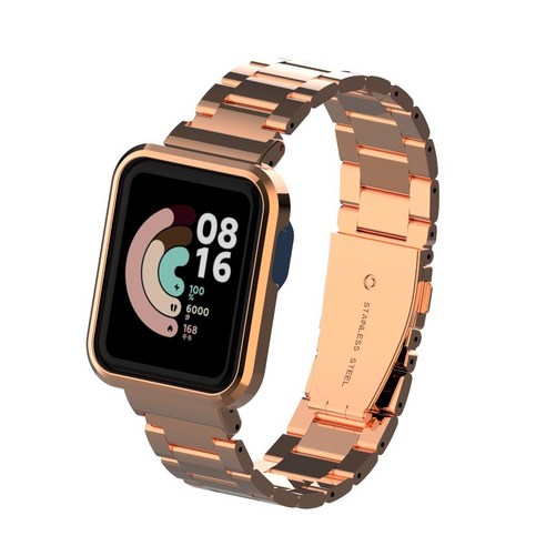 케이스 + 스트랩 Xiaomi Mi Watch Lite 스테인레스 스틸 금속 팔찌 Redmi 시계 스트랩 손목 밴드 시계 밴드 Mi Watch Lite, Rose gold, for Mi Watch Lite