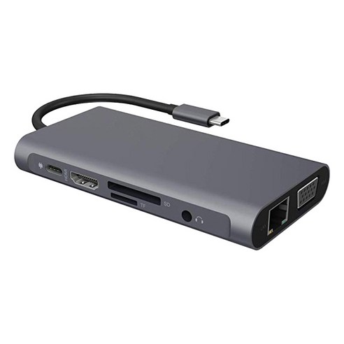 10 in 1 타입 C 허브 독 커넥터 USB 3.0 VGA 어댑터 PD 충전용, 26.5x6.2x1.8cm, 알루미늄 합금, 회색