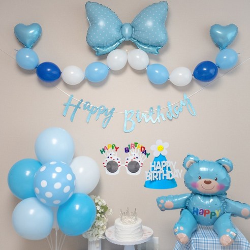 연지마켓 생일풍선 생일파티용품 리본풍선 세트, 블루 곰돌이 세트