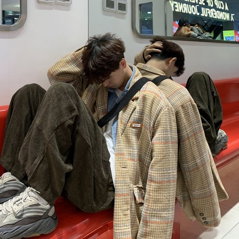 DFMEI 격자 무늬 모직 코트 남자 짧은 가을 겨울 스타일 느슨한 재킷 트렌디 잘 생긴 캐주얼 커플 정장 코트