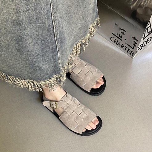 빈티지 여자 짜임 피셔맨 샌들 리얼 가죽 버켄 샌들 플랫