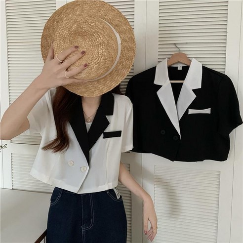 Asure 여름 셔츠 쇼트 상의 브이넥 셔츠 여성 숏 자켓