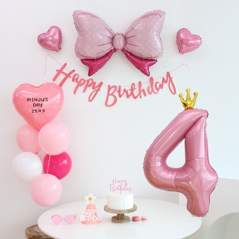 이벤트홀릭 생일가랜드 생일 파티 용품 세트 숫자 리본 하트 풍선 (자유레터링), 숫자풍선 4, 1개, 핑크
