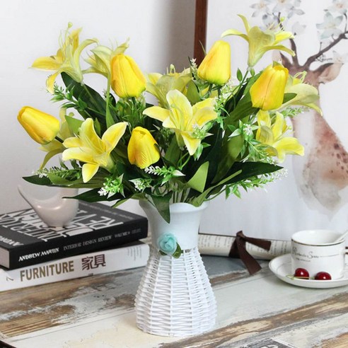 DFMEI 릴리 튤립 조합 꽃 1 무리 9 인공 꽃 인공 꽃 거실 침실 식탁 장식 꽃 세트, DFMEI 2 번들 릴리 튤립 + 라운드 병 (노란색)