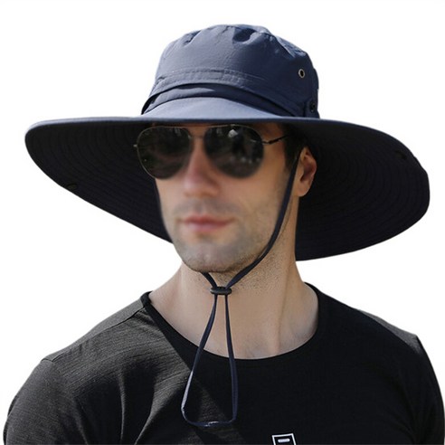 따봉오빠 남성 와이드챙 여름 햇빛 통기성 캠핑 농사 등산 방수 턱끈 벙거지 모자 YY5228, 네이비
