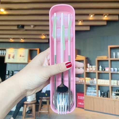 ZZJJC 스텐 스푼 포크 수저 케이스 3종 세트 동반 반죽 도시락 식사도구를 갖추기, 핑크실버 쓰리피스(현물)