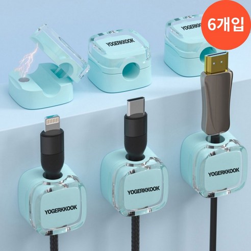 요거꾹 마그네틱 USB 케이블 홀더 선 정리, 6개, 민트