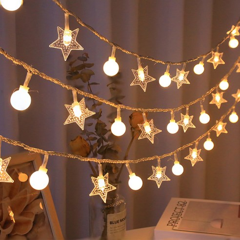 투니스 아웃도어 캠핑 별 + 미니 원형 전구 모양 2가지 점멸 모드 줄조명 배터리 버전 20구 3m, 1개, 웜 화이트