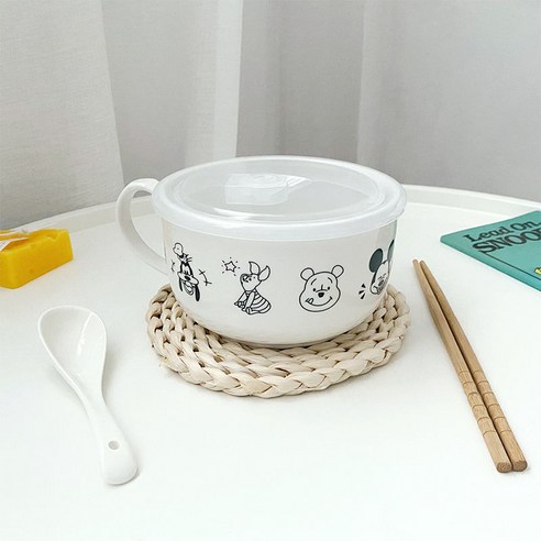 DFMEI Ins 세라믹 인스턴트 국수 그릇 도시락 상자 Shixin 창조적 인 큰 수프 그릇 숟가락과 뚜껑, DFMEI 디니 패밀리, 노르딕 그린 + 식기 + 에코백