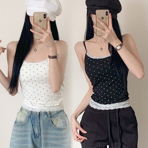 어나더뷰 2542 1+1 [캡내장] 도트 레이스 캡나시 브라탑 브라렛 레이어드 노와이어 이너 땡땡이 민소매 끈나시 여름
