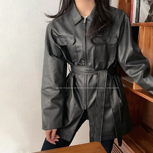가죽 벨트자켓 허리끈 세트 루즈핏 점퍼 봄신상 여성 아우터 포켓 집업