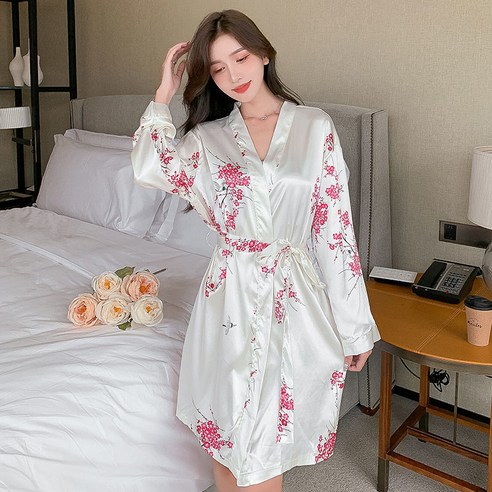 DFMEI-Y 가을 겨울 잠옷 여성 얼음 실크 긴팔 들러리 아침 가운 신부 웨딩 여성 호텔 목욕 가운, DFMEI B2254 # 화이트 매화 실크 긴 소매, M