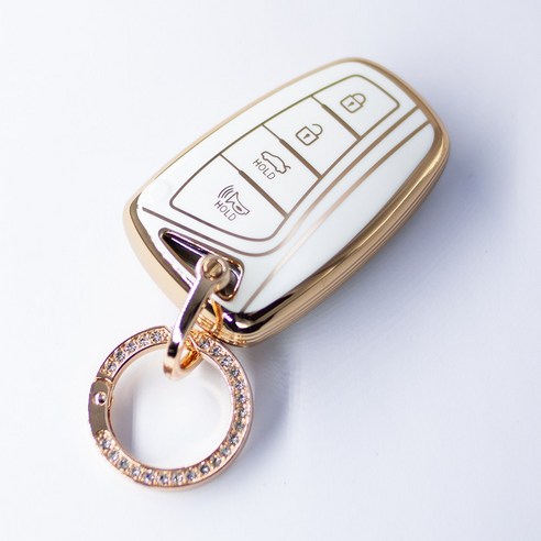 현대 그랜저 싼타페 제네시스 스마트키케이스 키홀더 큐빅키링, 화이트 실버엣지