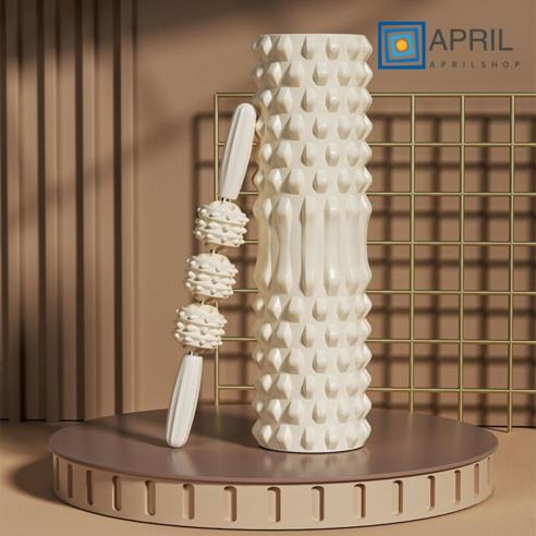 APRILSHOP 다리 마사지 롤러 롤러 마른 다리 강화 판다리 근육 이완 전문 헬스 기구 가정용 폼롤러 슈트, 아이보리, 늑대 이빨 45cm+마사지 스틱