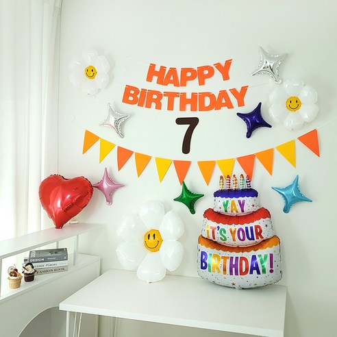 상큼화사 오렌지 펠트 생일가랜드 숫자펠트 전체 호일풍선 구성 생일파티용품 세트, 1세트, 숫자7번