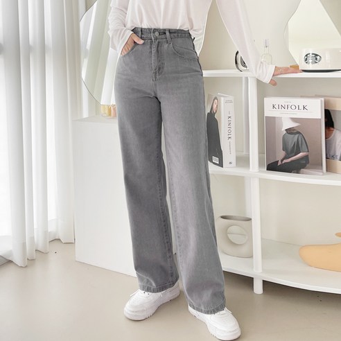 가비진 여성용 데일리 키작녀 일자 와이드 하이웨스트 데님 팬츠 바지