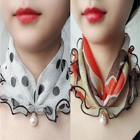 1+1쉬폰레이스넥워머 여성 쁘띠스카프 목보호 진주 메쉬스카프 햇빛가리개 2종세트