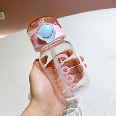새로운 심플한 빨대 유리컵 고비주얼 귀여운 물컵 휴대형 고온 내구성학생 붕소 실리콘 컵, 핑크색_400ml