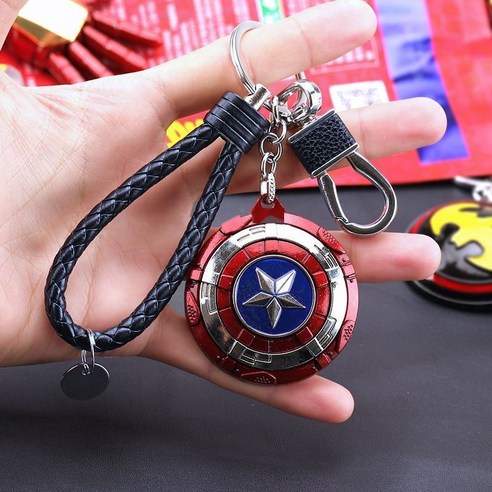Hengyang Marvel 아이언맨 열쇠고리, 회전방패-캡틴 블루+블랙끈+가죽 버클