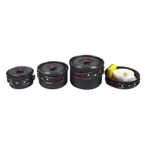 14PCS 휴대용 캠핑 조리기구 메스 키트 접는 요리 냄비 팬 스푼 세트, {"사이즈":"다중"}, {"수건소재":"알루미늄 합금"}, 검정