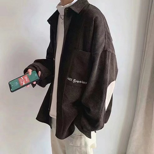 KORELAN 긴 소매 셔츠 남자 홍콩 스타일 멋쟁이 춘추 외투 커플 셔츠 건달 국조 패션