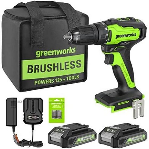 Greenworks 24V 무선 브러시리스 1.3cm(1/2인치) 드릴 드라이버 (금속 척/800인치.-lbs. /21 클러치 위치/LED 조명) 4Ah USB(보조 배터리) 배, 1) Brushless 1.2J Rotary Hamme