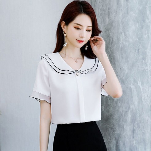마쿠쿠 진주 숄더넥 프릴 반팔 여성 쉬폰 블라우스 셔츠