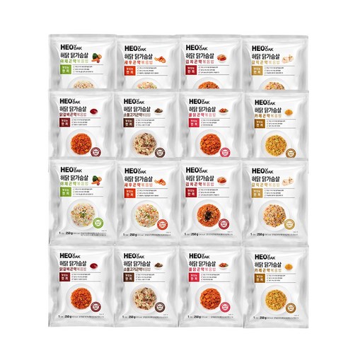허닭 닭가슴살 곤약볶음밥 250g 8종 혼합(야채+새우+김치+갈릭+닭갈비+소불고기+불닭+카레), 16개