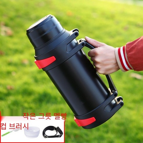 304 스테인리스 보온병 컵 대용량 보온병 야외 차량 탑재 건설 현장 주전자 학생 보온병 병 차가운 냄비, 블랙스트랩작은그릇+컵브러시_3000ml(6 진)