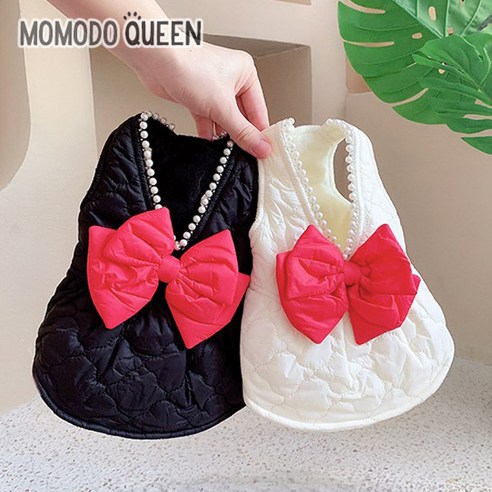 모모도퀸 진주 리본 애견 패딩 원피스***퀸앤조이***, 아이보리