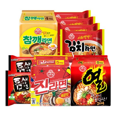 오뚜기 삼양 봉지라면 5종 20봉 (진라면매운맛5p+열라면5p+참깨라면4p+김치라면4p+틈새라면2p), 1세트