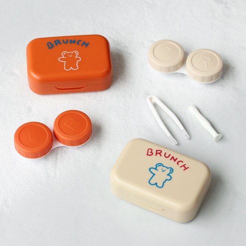 브런치 곰 거울 렌즈케이스 귀여운 캐릭터 렌즈통 2개, 베이지오렌지, 4개