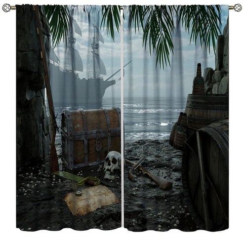 Pirate Curtains Treasure Skullhead Nautical 3D Gothic Fantasy Theme Blackout Boys Bedroom Living Roo, 42x45in_Style-1